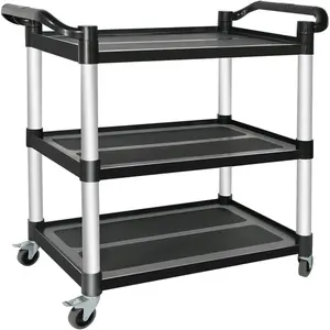 Plastic Utility Carts with Wheels, 3-Tier Restaurant Cart, Heavy Duty Rolling Cart  Service Cart 420LBS, Bus Cart with Lockable Wheels and Rubber Hammer for Warehouse/Kitchen, Black