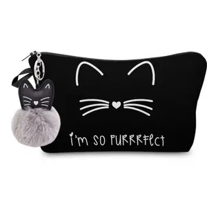 Black Cat Makeup Bag with Pompom Kitty Keychain I'm So Purrfect Cute Design for Cat Lovers