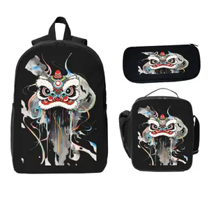Chinese Lion Dance Backpack Set 3 Pieces, Modern Ink Wash Lion Head Print Bookbag with Insulated Lunch Bag Pencil Case, Oriental Asian Street Aesthetic Back to School Backpack for Teens Boys Girls