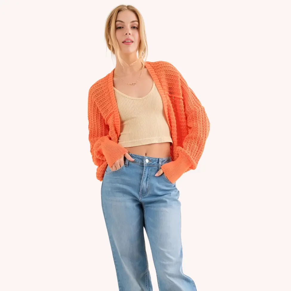 Cropped Mesh Knit Shug for Women - Lightweight Slouchy Bolero Cardigan in Vibrant Orange Color Long Sleeve Breathable Mesh Knit Perfect for Spring Layering
