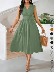 1 Minimalist Sleeveless Dress, Textured Fabric & Ruched Waist, Comfortable for Office Wear & Summer Events