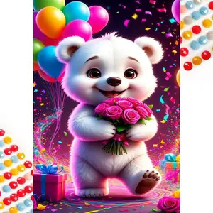 5D DIY Diamond Arts Colorful Painting Kit, Bear with Balloon Pattern Round Diamond Arts Colorful Painting, DIY Decorative Art Picture for Home Wall Decor