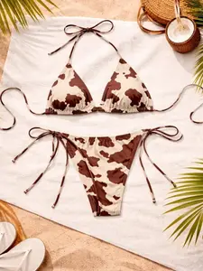 Women’s Cow Print Bikini Swimwear Set, Tie Side Triangle Bikini, Women Cow Print Bikini Set Cute Brown White Triangle String Swimsuit Loose Comfortable Beach Vacation Summer