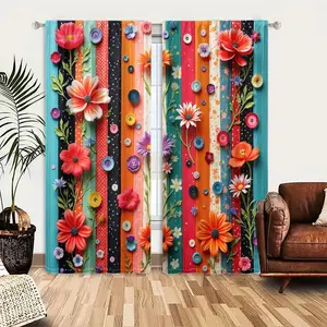 2pcs Window Curtains, Home Decoration Curtain, quilt-like fabric art features colorful vertical stripes, adorned with fabric flowers, green leaves, and decorative buttons, Window Drapes for Bedroom Living Room, Rod Pocket Window Treatment