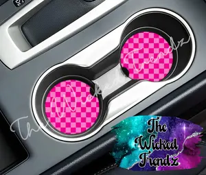 Cute Car Coasters Set of 2 Pink Checkered Print Retro Cute Car Truck Accessories Decor Cup Holder New Car Gift Car Decoration Women Girl Car Items