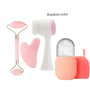 4-Piece Facial Beauty Cleansing Tool Set, Scratching Board Roller Massage Stick Ice Bag Mold Comb Soft Bristle Brush, Summer Face Massage Gift