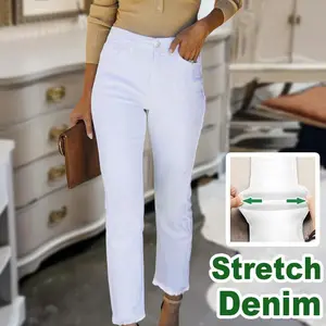 Women’s skinny jeans with a frayed hem, button closure, essential fit, straight cut, stretch fabric; available in white and various sizes; suitable for casual wear, formal occasions, teachers’ outfits, and work outfits.
