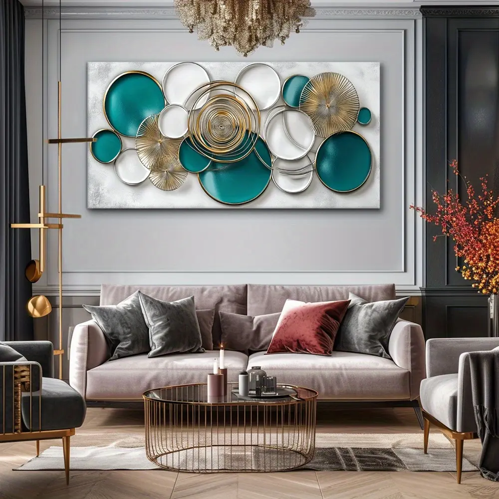 Modern Abstract Circle Canvas Wall Art - Solid Wood Frame Teal and Gold Geometric Painting for Living Room, Bedroom or Office Decor - High Quality Print on Durable Canvas, Large Canvas Wall Art