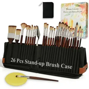 26Pcs Paint Brush Set with Stand-Up Brush Case, Travel Watercolor Acrylic Paint Brushes with Flat, Filbert, Fan, Dagger, Cat Tongue, Round, Palette Knife, Professional Kit for Oil Artist Face