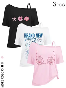 TikTok Viral 2026 Women's 3 Piece Off Shoulder Tops Set - Coastal Beach Print One Shoulder T-Shirts with Adjustable Strap，Y2K Coquette Aesthetic Streetwear，Vacation, Beach, Brunch, Daily Wear - Trendy Summer Outfits for Teen Girls & Young Women