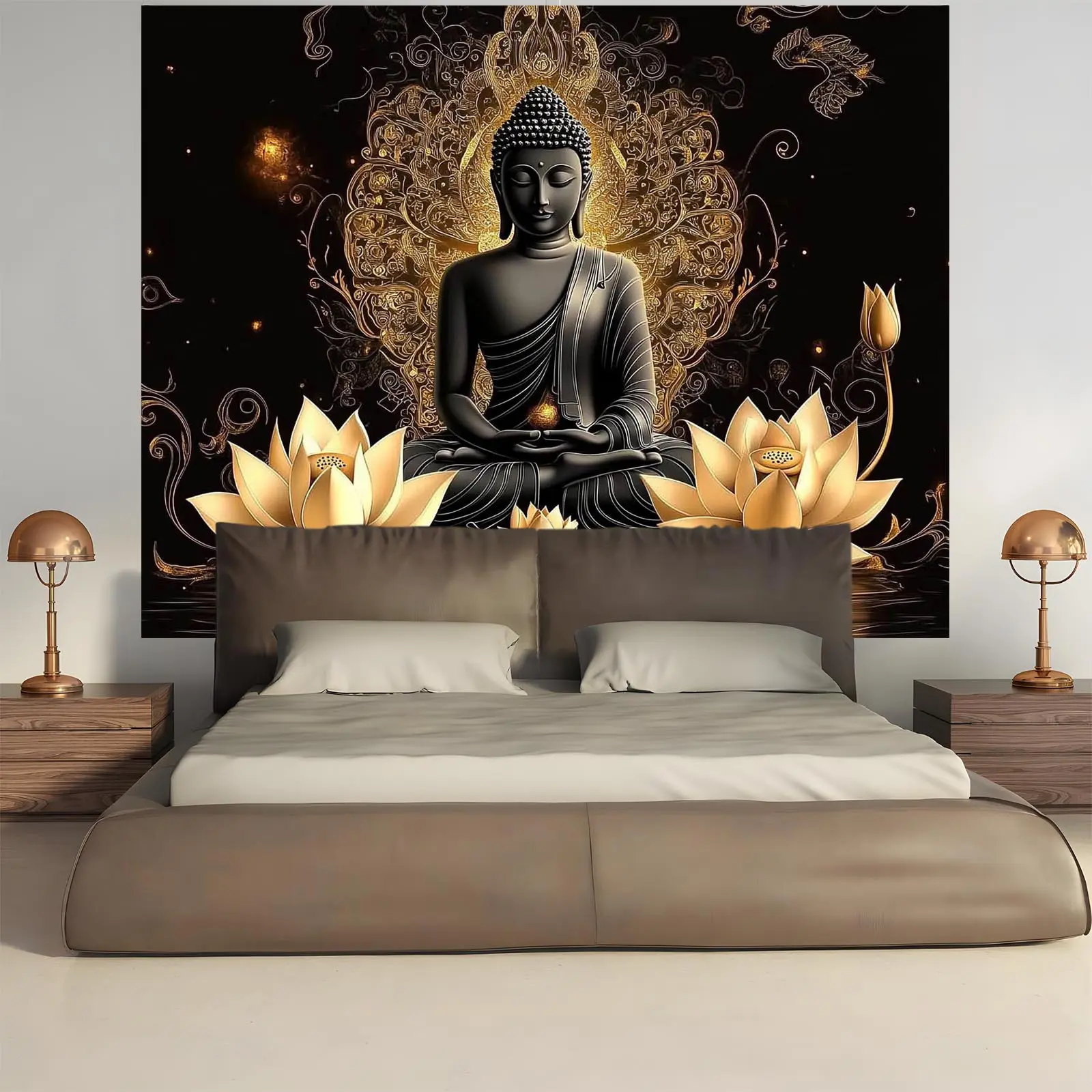1pc for Lotus & Shakyamuni Buddha Tapestry Backdrop - Vibrant Black with Golden & White Design, Reusable Polyester Wall Decoration for Living Room, Bedroom, Office, Birthday, Anniversary, and Home Decor & Party Photo Backdrop, Indoor Outdoor Decoration |