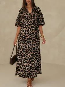 Women's V Neck Leopard Print Maxi Dress, Summer Clothes Women, Casual Wear Loose Bubble Sleeve Long Dress for Beach Vacation,  Boho Party Outfits, Daily Dress With Pockets