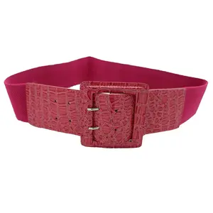 Women Fashion Stretch Wide Belt High Waist Hip Big Square Buckle Fit Size M L Pink