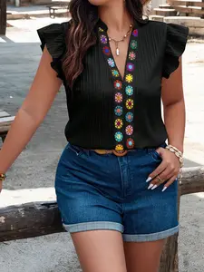 Plus Size Women Floral Print V-Neck Flared Cap Sleeve Blouse, Summer