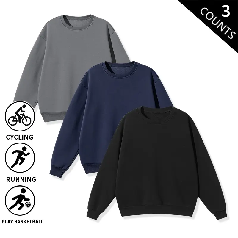 3-Pack Men’s Crew Neck Sweatshirts, Loose Fit, Long Sleeve Pullovers — Lightweight, Soft, Breathable Casual Athletic Sweatshirts for Running, Basketball, Cycling, and Everyday Wear