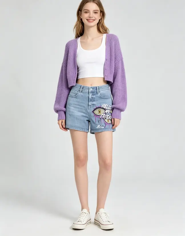 Purple Drip Monster Eye Hip Hop Denim Shorts, DGT Direct To Garment Print, Unisex Dark Y2K Graphic Shorts
