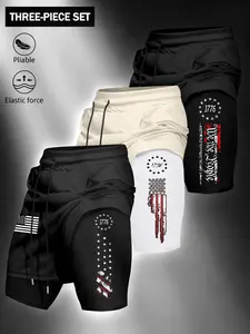 High Elastic Breathable Usa Flag Print Dual Layer Gym Shorts, Men's American Street Fitness Pants, Multi-Color, 3-Pack, Gym Sportswear Bottoms, Sporty & Casual