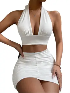 2pcs Dress Suits For Women Halter Lace-up Hip Top And Pleated Hip-covering Skirt