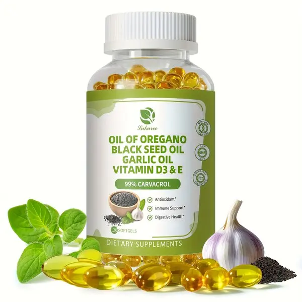 Oregano Oil Capsules with Black Seed Oil, Garlic Oil, Vitamin D3 E, 99% Concentrated Carvacrol - Antioxidant, Immune Support, 120 Softgels Caps, 60 Day Supply