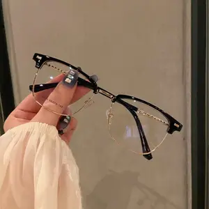 Luxury Retro Semi-Rimless Blue Light Blocking Glasses, Browline Computer Eyewear for Women Men, TikTok Aesthetic Office Siren Glasses, Anti Eye Strain UV400 Protection, Premium Black Gold Half Frame Gaming Glasses, High Quality Fashion Fake Lens Accessory