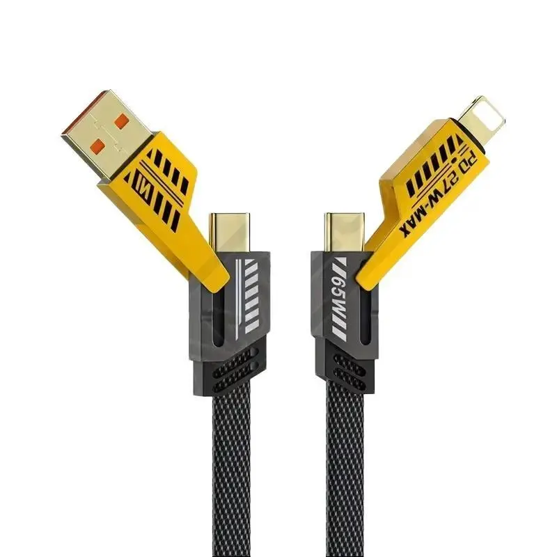 4 in 1 Mecha Fast Charging Date Cable 1.2m PD 27W USB C Type-C Multi Port Connector Nylon PD 65W Quick Charge Wire for Cellphone & Smartphone Electronic Charger