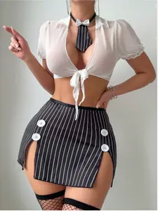 Rabbit Barbie Women's 3pcs Sexy Secretary Costume Striped Backless Tight Dress with Bow Tie