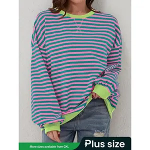 Plus Size Striped Print Drop Shoulder Pullover, 2024 New Style Casual Long Sleeve Crewneck Sweatshirt for Autumn & Winter, Women’s Clothing for Everyday Wear