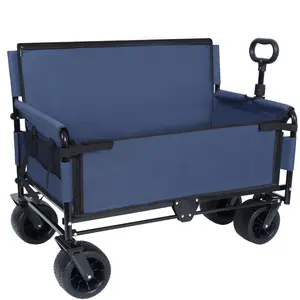 3-in-1 Convertible Folding Wagon Cart with Bench Seat & Storage - 500lbs Heavy-Duty Utility Wagon, 180L Capacity All-Terrain Wheels for Camping, Beach, Sports, Garden, dark blue