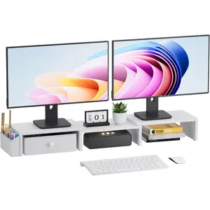 Stand Riser, Adjustable Length & Swivel Angle  Stand,   Stand with Drawer & Side Pockets, Desktop Organizer and Office Desk Accessories, White
