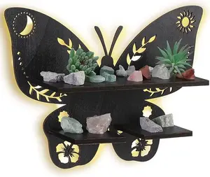 Butterfly Display Shelf - Wooden Wall-Mounted Floating Rack for Crystals and Rocks, Trinkets, Jewelry, Candles, Perfect for Home and Bedroom Decor, Gift for Her Shelves Flower