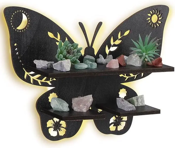 Butterfly Display Shelf - Wooden Wall-Mounted Floating Rack for Crystals and Rocks, Trinkets, Jewelry, Candles, Perfect for Home and Bedroom Decor, Gift for Her Shelves Flower