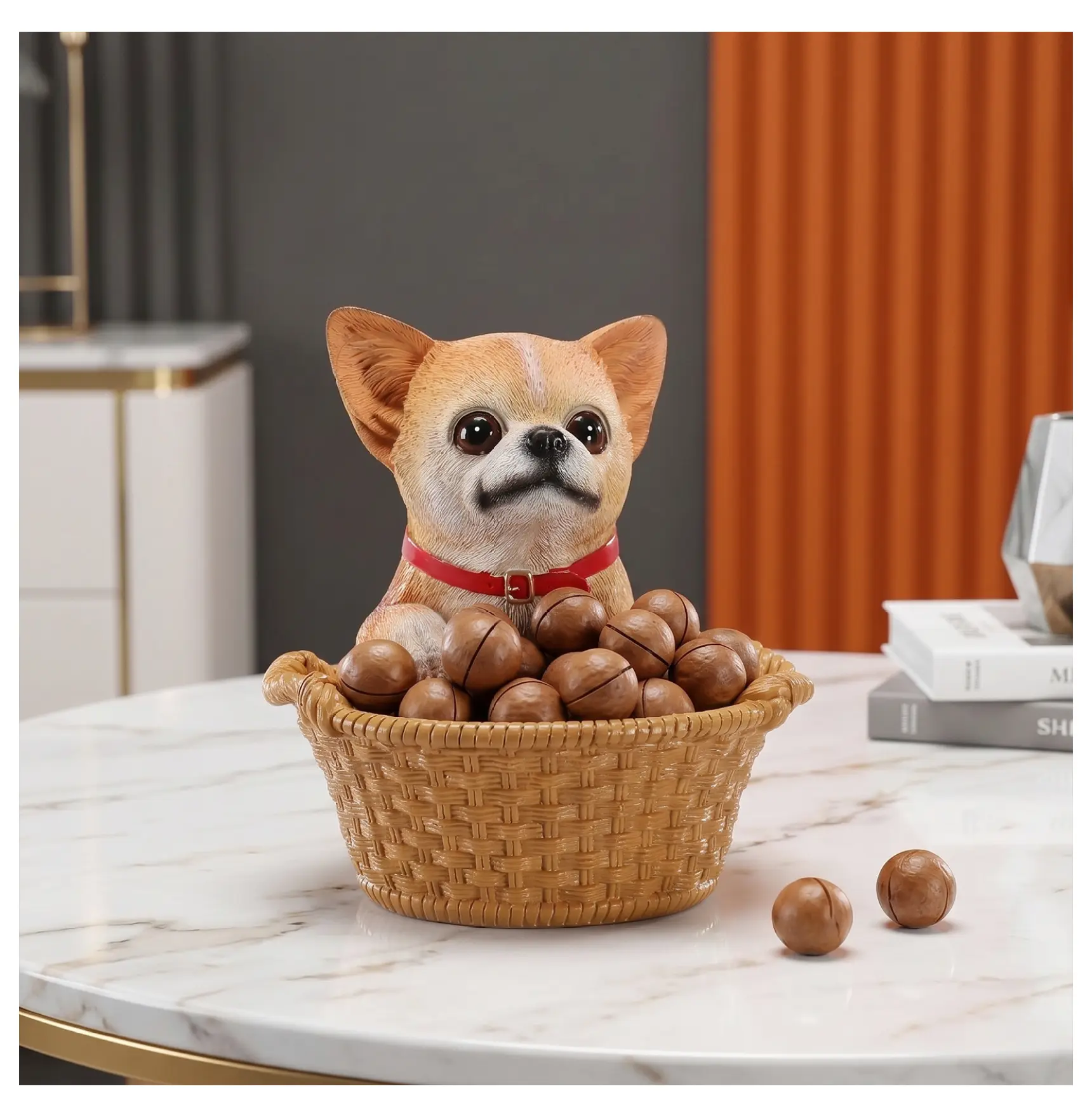 Beige-Yellow Resin Chihuahua Statue with Storage Basket, Cute Rustic Farmhouse Collectible, Shelf Display Ornament for Home Office, Gift for Chihuahua Owners