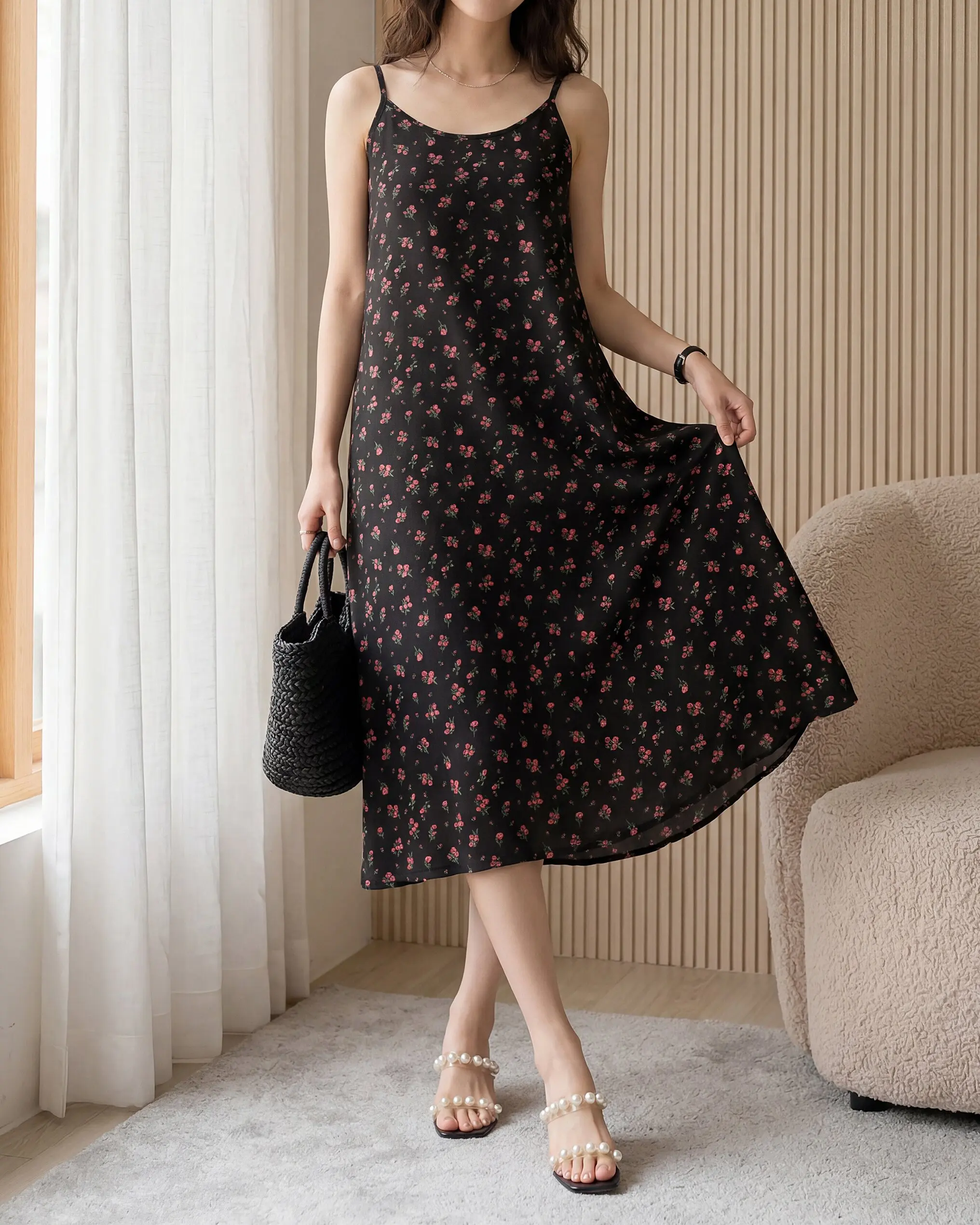 Elegant Floral Print Midi Dress with Thin Straps and A-Line Silhouette for Women
