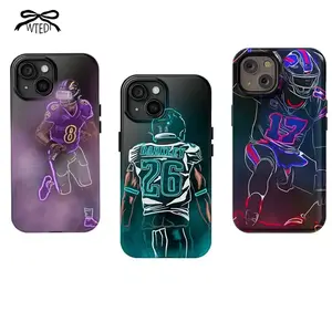 Neon American Football Player Art Custom Cellphone Casing, Trendy Edgy Game Day Fan Merch, Heavy-Duty Shockproof Resistance Phone Accessories for iPhone 17 Pro Max, 16, 15, 14, 13, 12, 11, Air