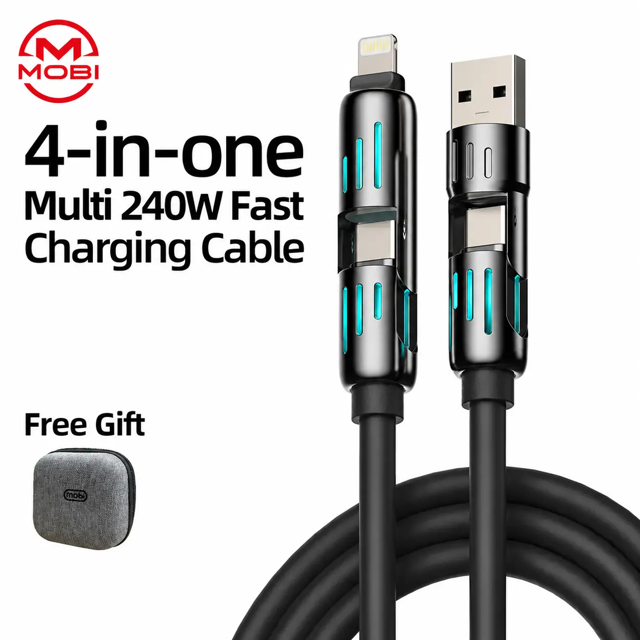 MOBI 4-in-1 Durable Fast Charger, 240W Multi-Port Cable with USB-A, Type-C, Lightning Connectors for iPhone17, Samsung Mobile/Cellphone, Smartphone Devices & Laptops (Liquid Silicone) Charging Accessory Black