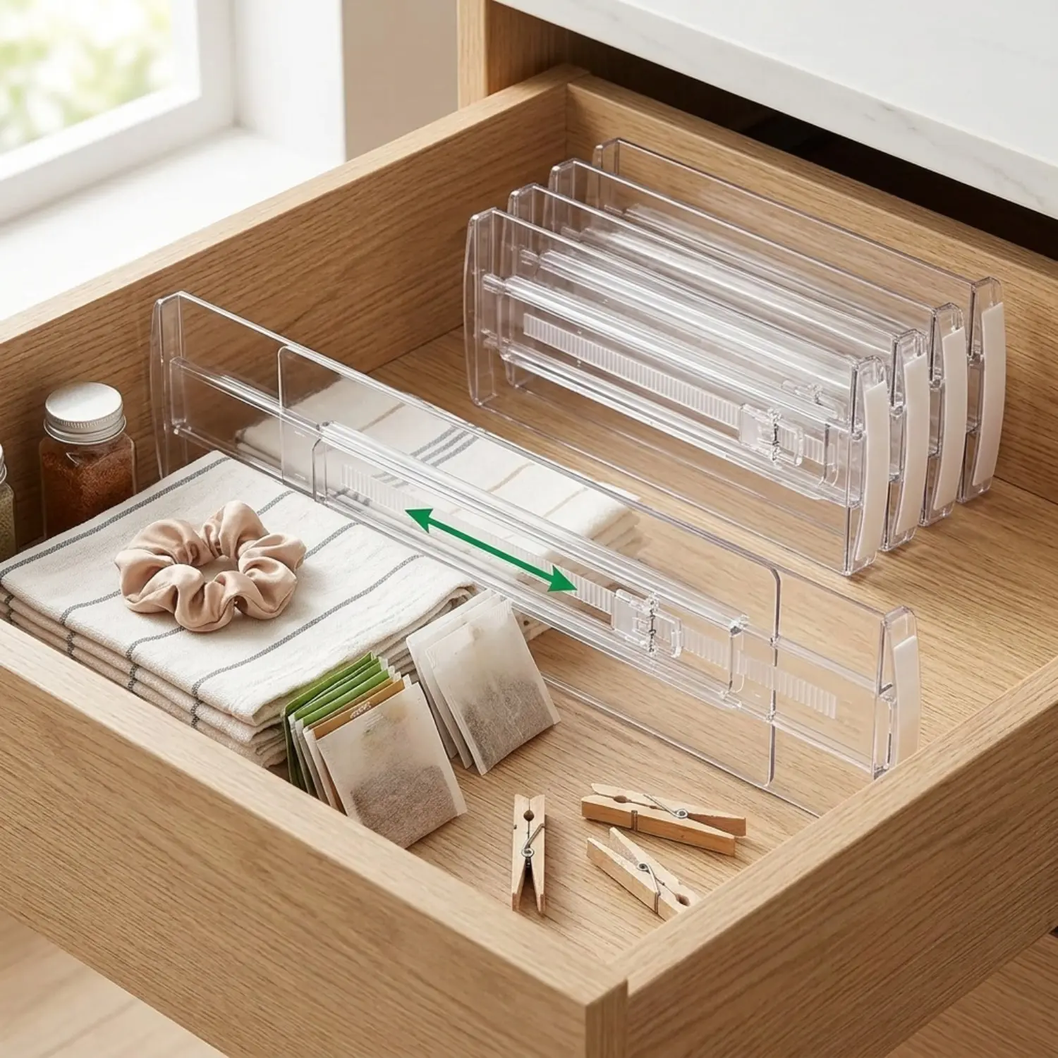 Littleox 6 Pack Clear Adjustable Drawer Dividers, 4 Inch High Expandable Dresser Organizers, Extendable 10"-17" Transparent Drawer Separators, Space Saving Storage Inserts for Clothing, Underwear, Makeup, Cosmetics & Kitchen Utensils
