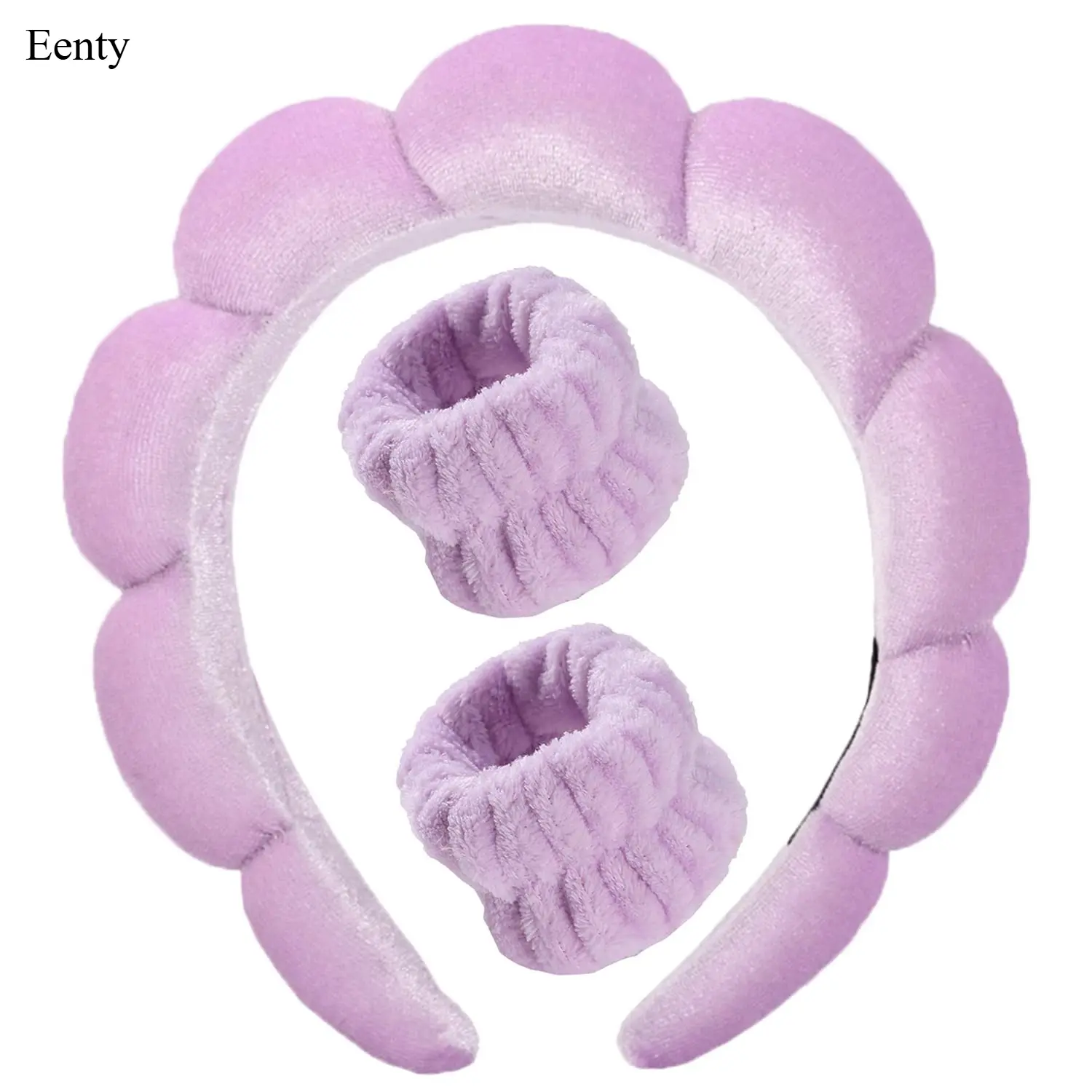 Eenty Spa Headband for Washing Face, Velvet Makeup, Bubble Skincare With Face Wash Wristbands, Sponge Puffy for Women Skin Care - Purple