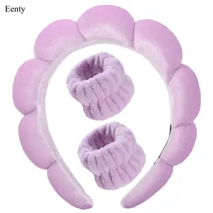 Eenty Spa Headband for Washing Face, Velvet Makeup, Bubble Skincare With Face Wash Wristbands, Sponge Puffy for Women Skin Care - Purple