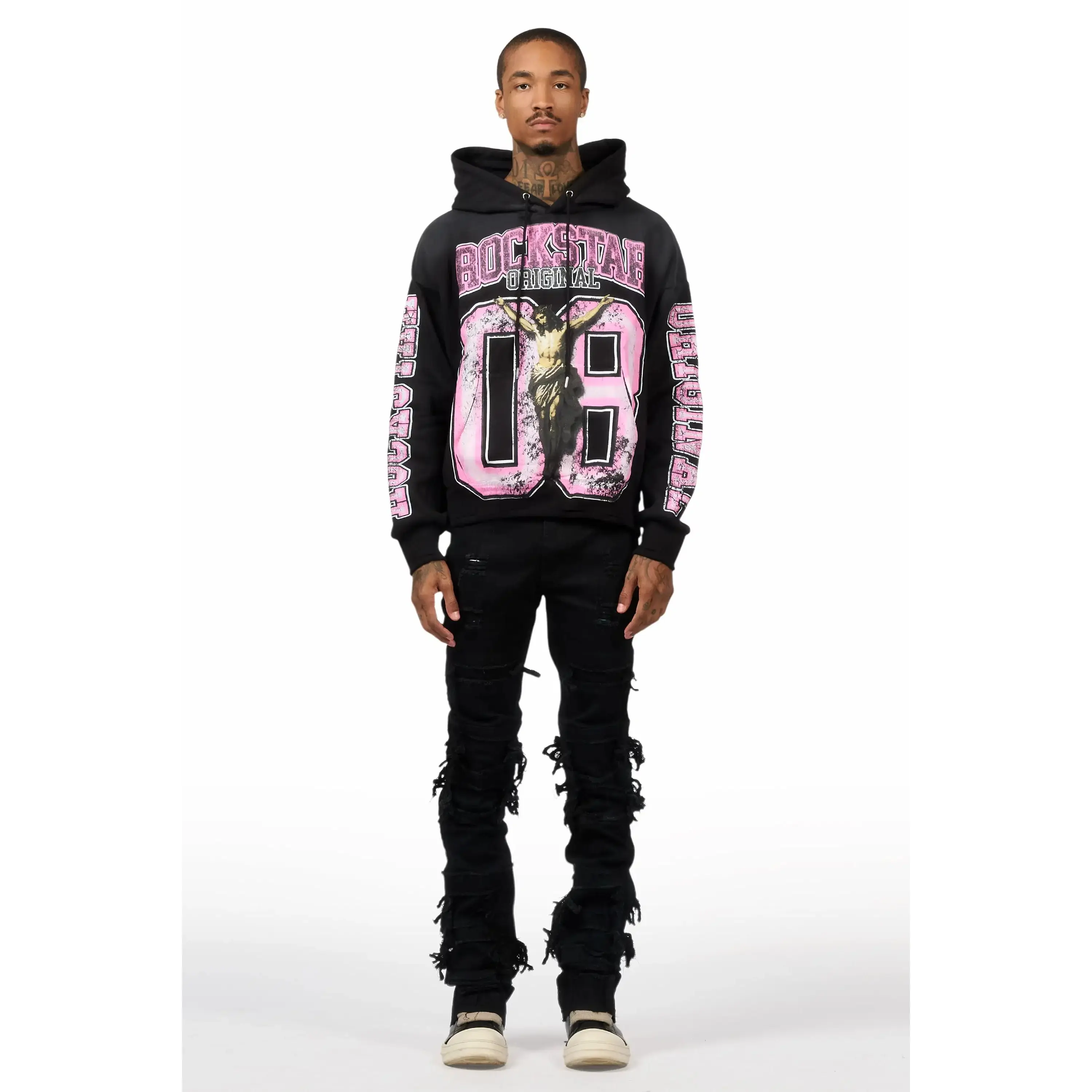 Fields Black Relaxed Hoodie & Vasco Jet Black Stacked Flare Jean Set