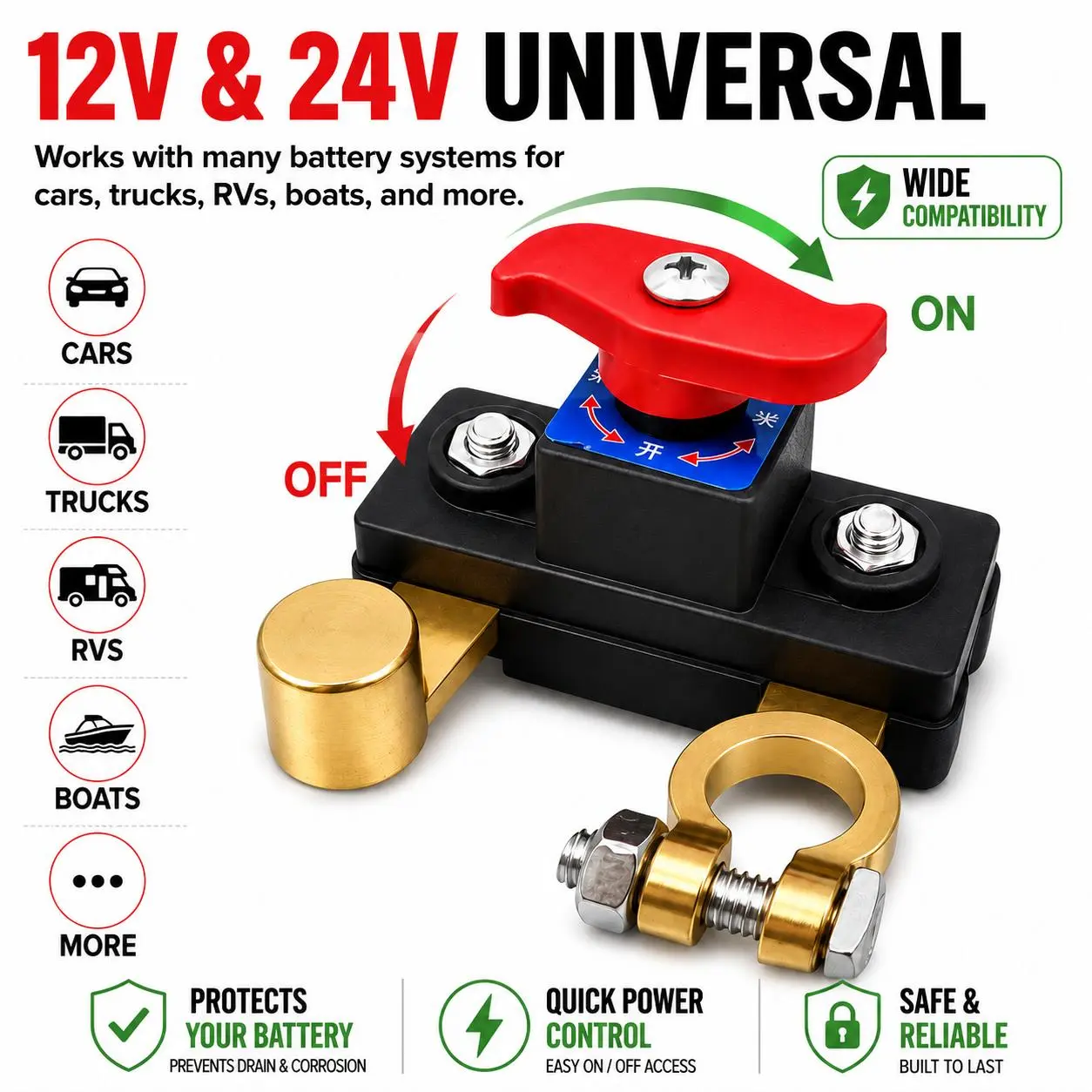 Heavy Duty Pure Copper Battery Disconnect Switch 12V 24V Universal Car Battery Cut Off Kill Switch, Anti Battery Drain Power Shut Off for Cars Trucks RV Boats, Long Parking Battery Saver Anti Theft Terminal Switch