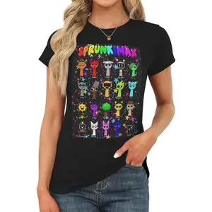 Sprunki  Women's round-neck T-shirt, cotton short-sleeved fitted top, casual summer basic style T-shirt