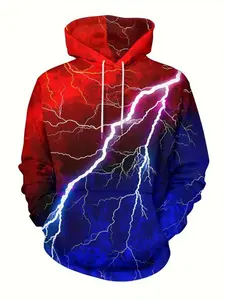 Men's Fashion Hoodie with 3D Print, Blue Gradient Thunder Design, Casual Fitted Pullover with Front Pocket