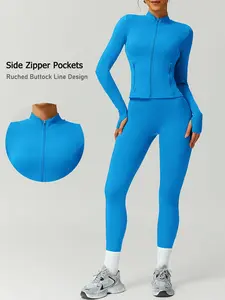 Women's Two-Piece Sport Suit with Full Zipper Design, Windproof and Cool Style with Pocket and Thumb Hole, High-Waist Fit for a Flattering Look, Workout Sets