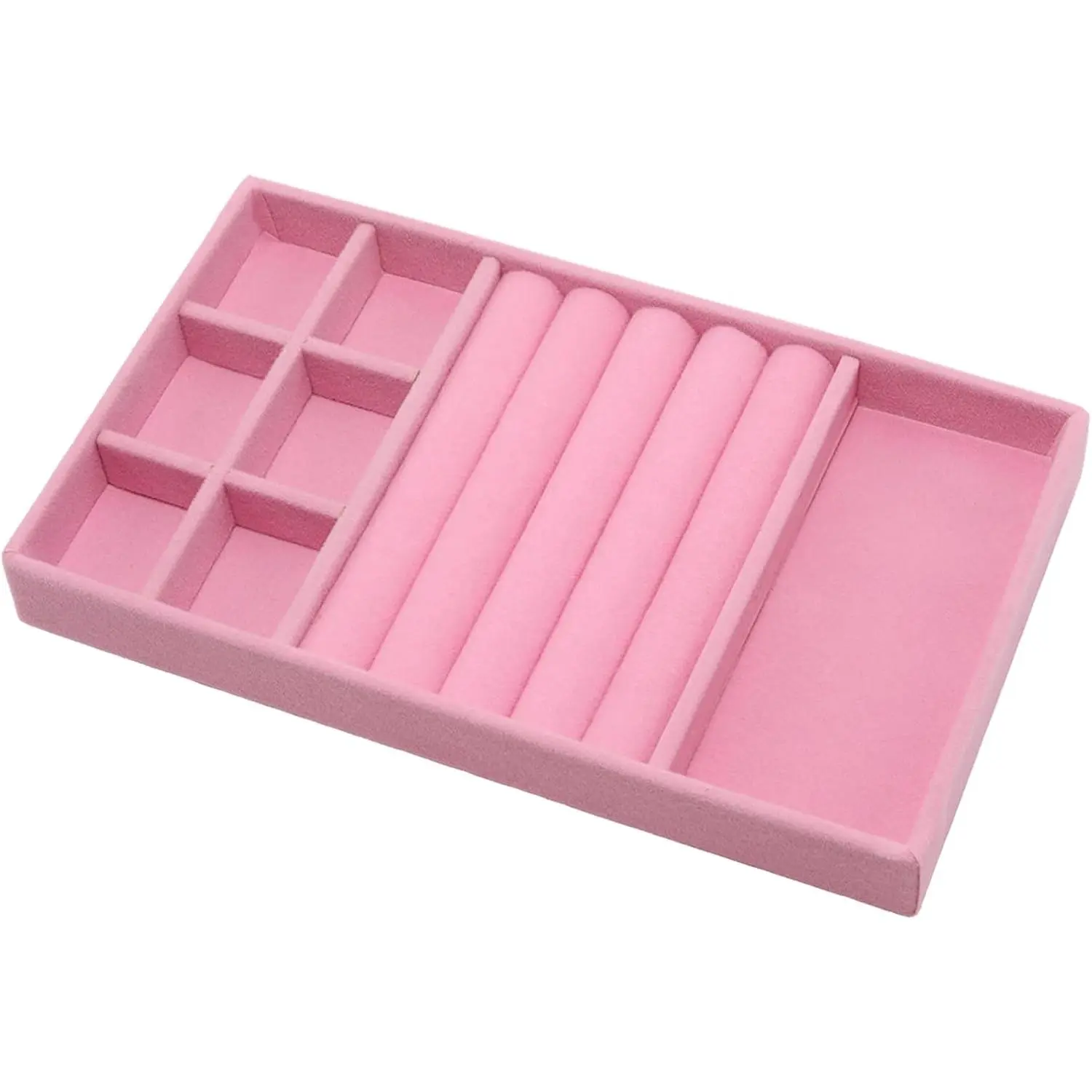 Velvet Jewelry Organizer Trays Pink Stackable Jewelry Storage Display Tray with Removable Dividers, 3-in-1