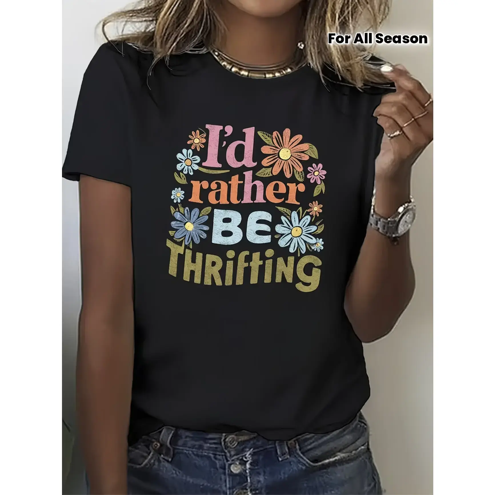 Wo'S "I'D Rather Go To A Thrift Store" T-Shirt | Vintage-Inspired Thrift Lover Graphic Tee With Colorful Floral And Lettering Print, Breathable Loose Fit Short Sleeve Round Neck Casual Top, All-Season Machine Washable Casual Attire