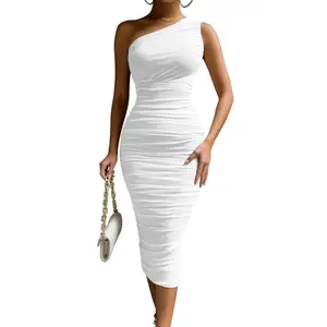Women's Sexy Bodycon One Shoulder Sleeveless Ruched Midi Club Party Dress Formal Womenswear Polyester Workwear