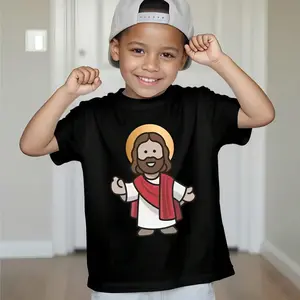 Boys' Cartoon Jesus Graphic Short Sleeve T-Shirt - Black Casual Summer Tee with Vibrant Print, Breathable Round Neck Top for Youngsters, Regular Fit, Youngsters's Casual Attire | Playful Design Shirt | Slight Elasticity Fabric, Youngsters Boy Shirts