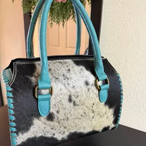 Western Rodeo cowhide leather medium speedy purse with turquoise handles
