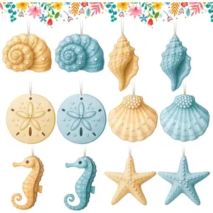X-SO60 Summer Tree Decorations Ocean Themed Wooden Hanging Tree Ornaments 24Pcs Hello Summer Seashells Starfish Beach Wooden Hanging Ornaments for Indoor Home Mantle Fireplace Party Supplies