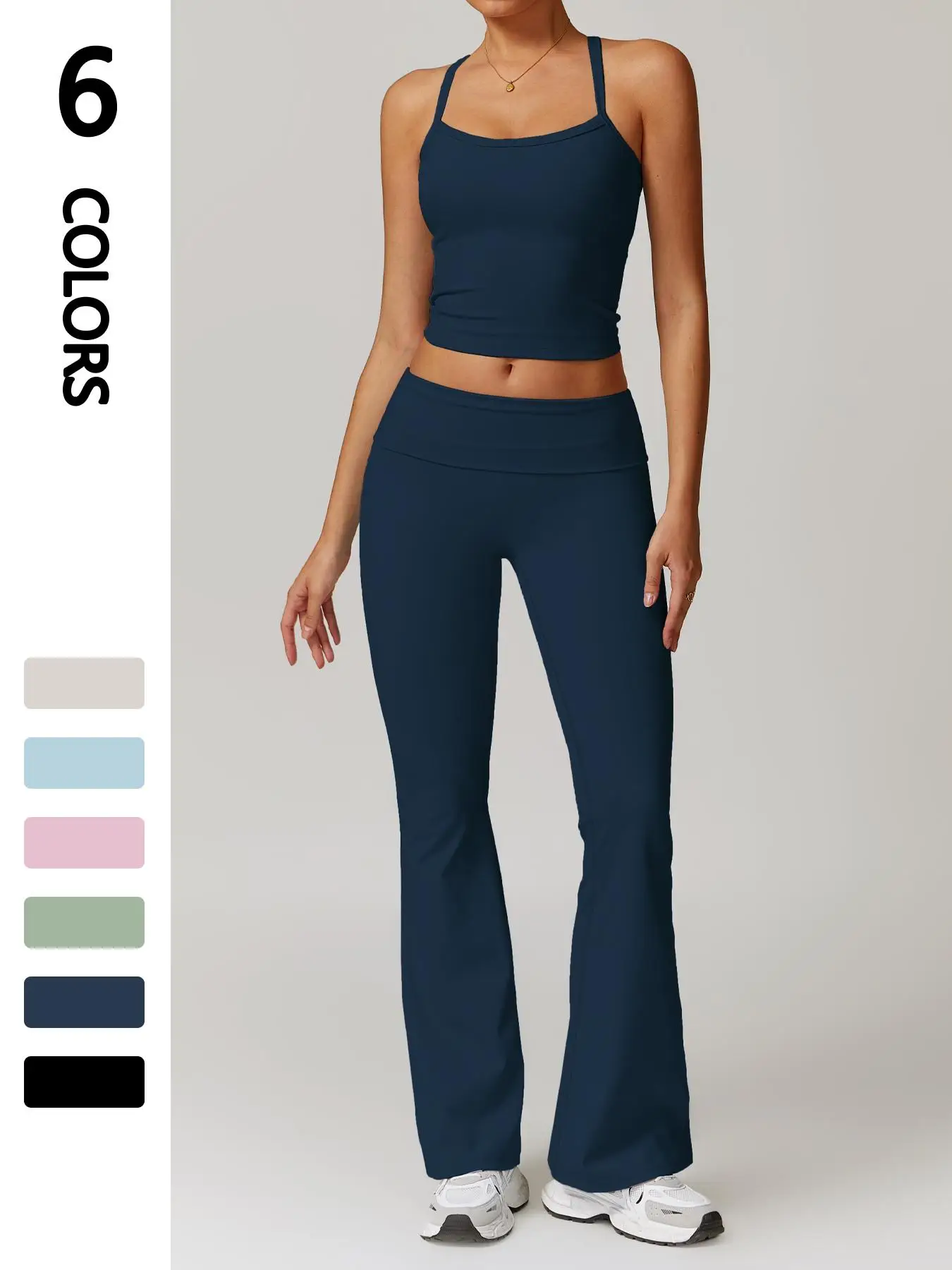 Sporty Two-Piece Set Women's Plain Crop Cami Top & Flare Leg Pants Sports Set, Sporty Casual Comfy Breathable Two-Piece Outfits for Yoga Gym Workout R